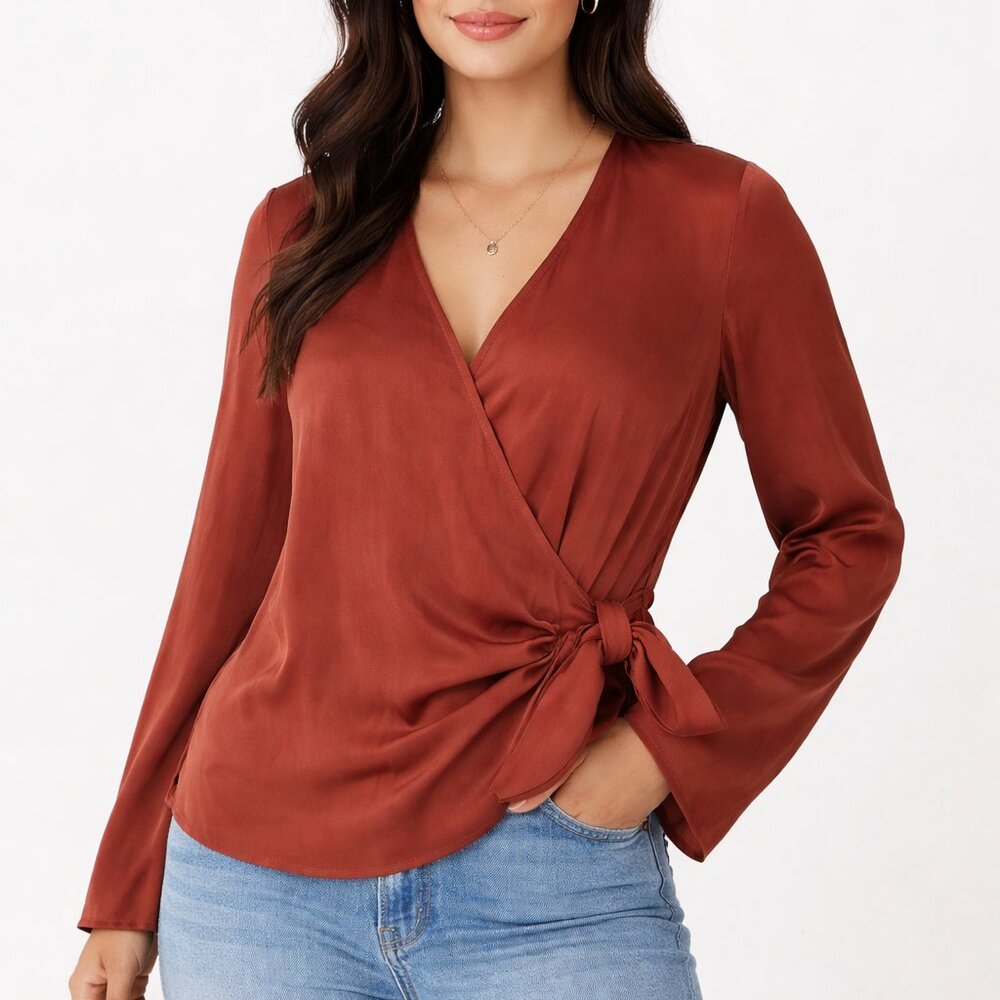 Babaton Aritzia dark copper long sleeves wrap Shirt with strap size XS